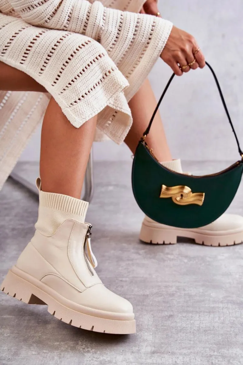 Hot Boto Damskie Botki Skarpetkowe Na Suwak Beżowe Shelter