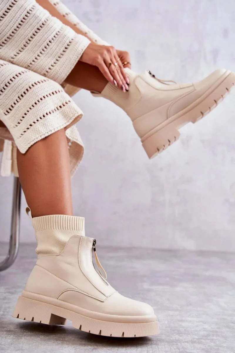 Hot Boto Damskie Botki Skarpetkowe Na Suwak Beżowe Shelter