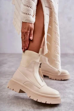 Hot Boto Damskie Botki Skarpetkowe Na Suwak Beżowe Shelter