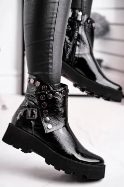 Sale Damskie Botki Skórzane Lakierowane Czarne Exquisite 1199 Damskie Czarne Botki|Botki Na Obcasie