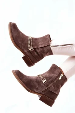 New Damskie Botki Skórzane Nicole Brązowe Dome Damskie Botki Wiosenne|Brązowe I Beżowe Botki