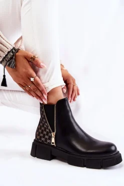 Sale Damskie Botki Skórzane Z Ozdobnym Zamkiem Czarne Lorra Damskie Botki Wiosenne|Czarne Botki