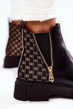 Sale Damskie Botki Skórzane Z Ozdobnym Zamkiem Czarne Lorra Damskie Botki Wiosenne|Czarne Botki