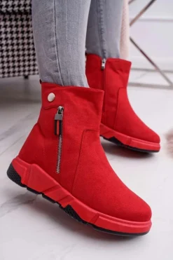 Best Damskie Botki Sportowe Ocieplane Czerwone SJ1938 Nefera Damskie Botki Zimowe Damskie|Botki Zamszowe