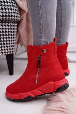 Best Damskie Botki Sportowe Ocieplane Czerwone SJ1938 Nefera Damskie Botki Zimowe Damskie|Botki Zamszowe