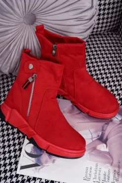 Best Damskie Botki Sportowe Ocieplane Czerwone SJ1938 Nefera Damskie Botki Zimowe Damskie|Botki Zamszowe