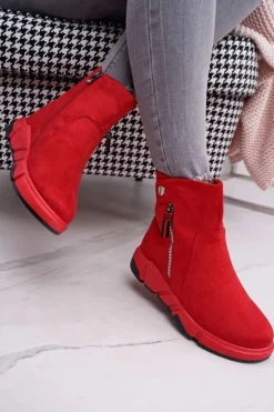 Best Damskie Botki Sportowe Ocieplane Czerwone SJ1938 Nefera Damskie Botki Zimowe Damskie|Botki Zamszowe