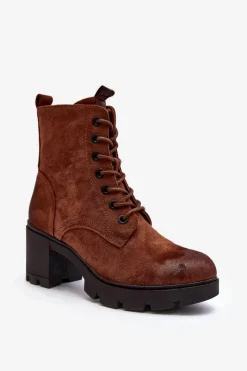 Hot Boto Damskie Botki Sznurowane Na Obcasie Brązowe Lunielle