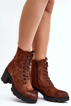 Hot Boto Damskie Botki Sznurowane Na Obcasie Brązowe Lunielle