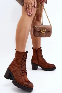 Hot Boto Damskie Botki Sznurowane Na Obcasie Brązowe Lunielle