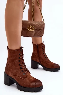 Hot Boto Damskie Botki Sznurowane Na Obcasie Brązowe Lunielle