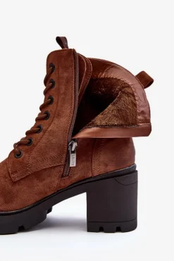 Hot Boto Damskie Botki Sznurowane Na Obcasie Brązowe Lunielle