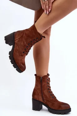 Hot Boto Damskie Botki Sznurowane Na Obcasie Brązowe Lunielle