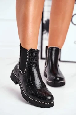 Damskie Botki Sztyblety Ciepłe Czarne Elvina Damskie Czarne Botki|Botki Zimowe Damskie