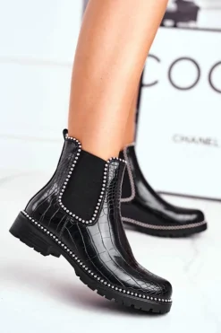 Damskie Botki Sztyblety Ciepłe Czarne Elvina Damskie Czarne Botki|Botki Zimowe Damskie