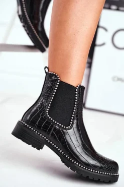 Damskie Botki Sztyblety Ciepłe Czarne Elvina Damskie Czarne Botki|Botki Zimowe Damskie