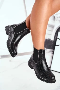 Damskie Botki Sztyblety Ciepłe Czarne Elvina Damskie Czarne Botki|Botki Zimowe Damskie