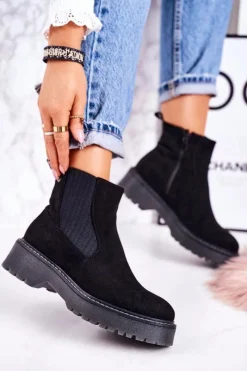 Boto Damskie Botki Sztyblety Na Gumowej Podeszwie Zamszowe Czarne Voyager