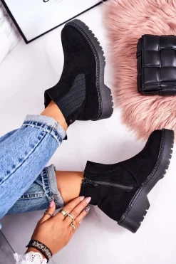 Boto Damskie Botki Sztyblety Na Gumowej Podeszwie Zamszowe Czarne Voyager