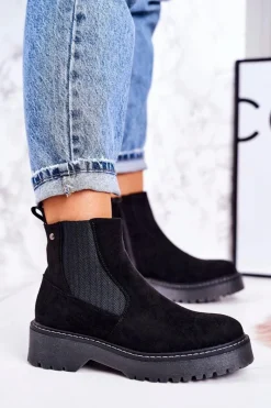 Boto Damskie Botki Sztyblety Na Gumowej Podeszwie Zamszowe Czarne Voyager