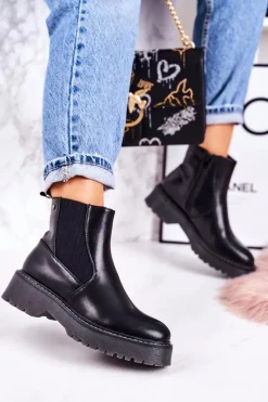 Hot Damskie Botki Sztyblety Na Gumowej Podeszwie Czarne Voyager Damskie Czarne Botki|Botki Zimowe Damskie