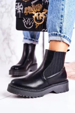 Hot Damskie Botki Sztyblety Na Gumowej Podeszwie Czarne Voyager Damskie Czarne Botki|Botki Zimowe Damskie