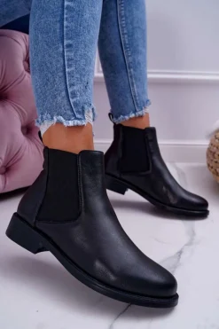 New Damskie buty S.Barski Damskie Botki Sztyblety Płaski Obcas Skórzane Czarne Barski W1901