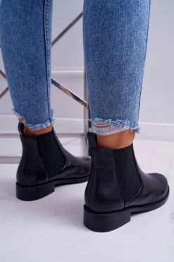 New Damskie buty S.Barski Damskie Botki Sztyblety Płaski Obcas Skórzane Czarne Barski W1901