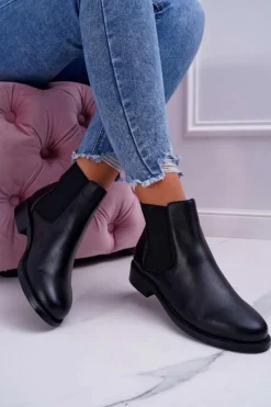 New Damskie buty S.Barski Damskie Botki Sztyblety Płaski Obcas Skórzane Czarne Barski W1901