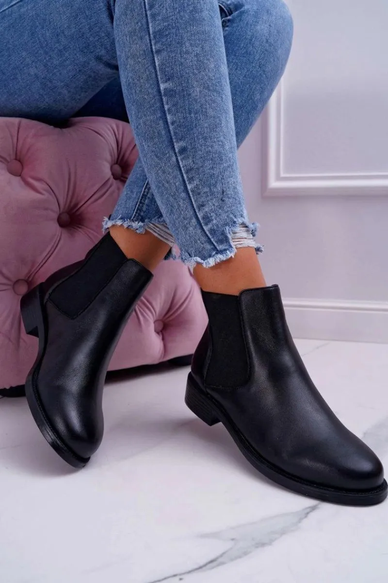 New Damskie buty S.Barski Damskie Botki Sztyblety Płaski Obcas Skórzane Czarne Barski W1901