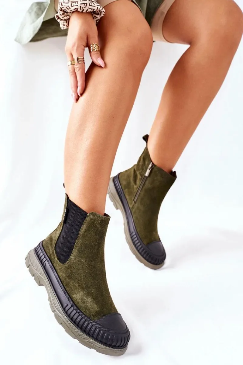 Czarne Botki|Botki Zimowe Damskie>Big Star Shoes Damskie Botki Sztyblety Skóra Zamsz Big Star II274355 Khaki