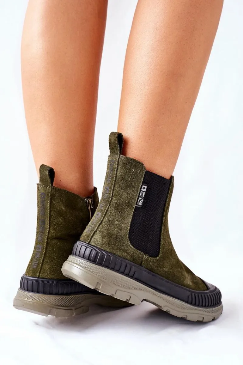 Czarne Botki|Botki Zimowe Damskie>Big Star Shoes Damskie Botki Sztyblety Skóra Zamsz Big Star II274355 Khaki