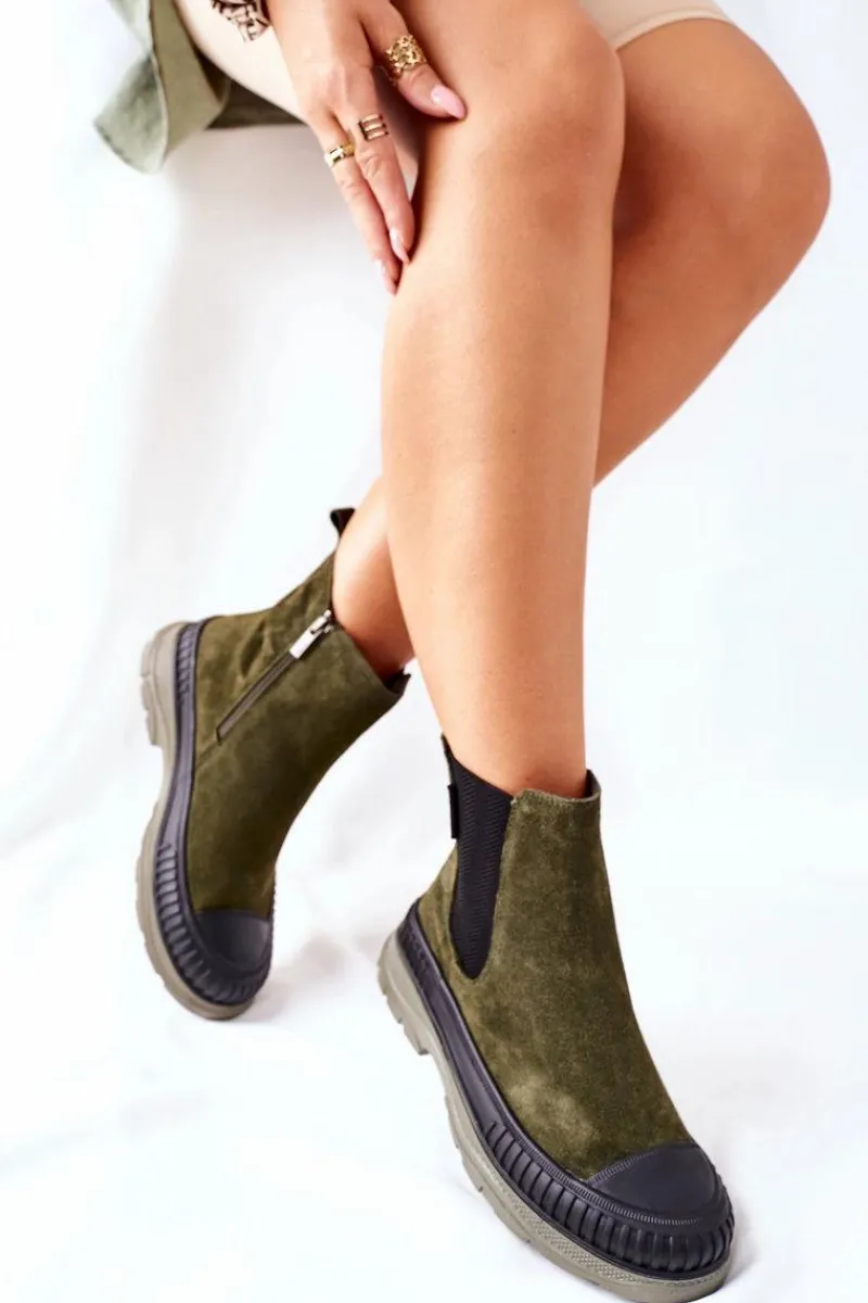 Czarne Botki|Botki Zimowe Damskie>Big Star Shoes Damskie Botki Sztyblety Skóra Zamsz Big Star II274355 Khaki