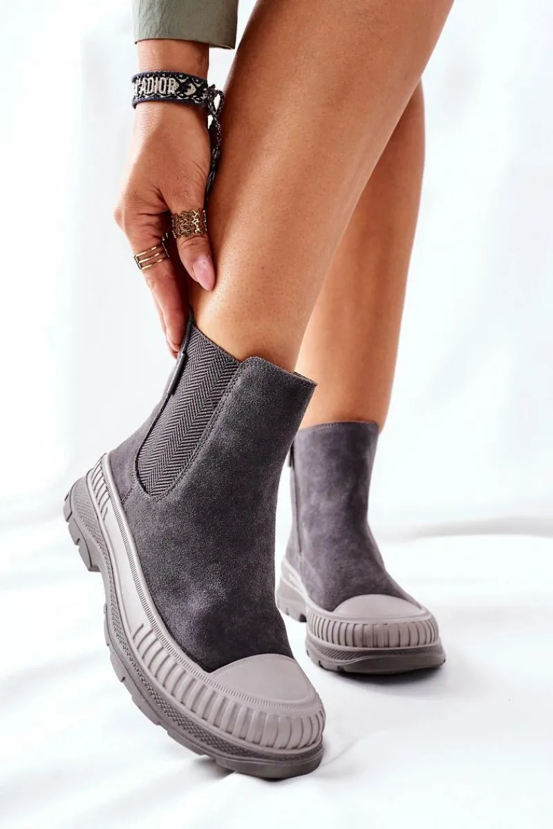 Outlet Big Star Shoes Damskie Botki Sztyblety Skóra Zamsz Big Star II274353 Szare