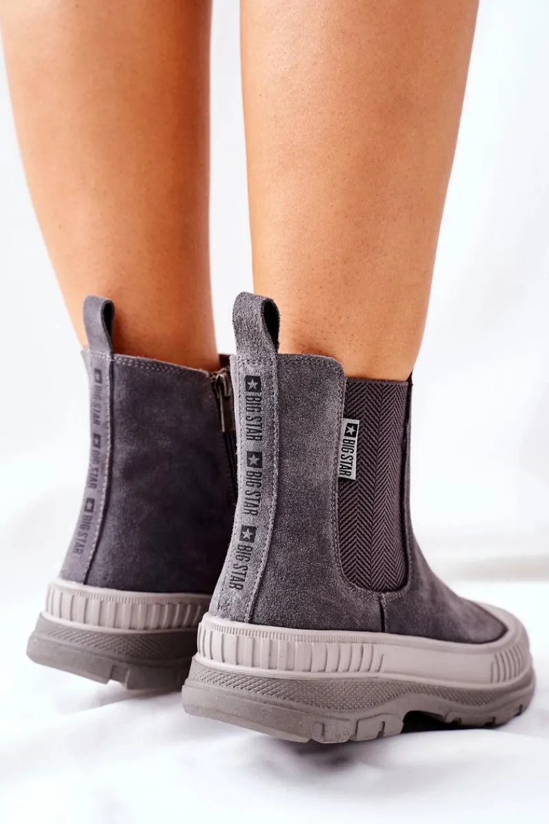 Outlet Big Star Shoes Damskie Botki Sztyblety Skóra Zamsz Big Star II274353 Szare