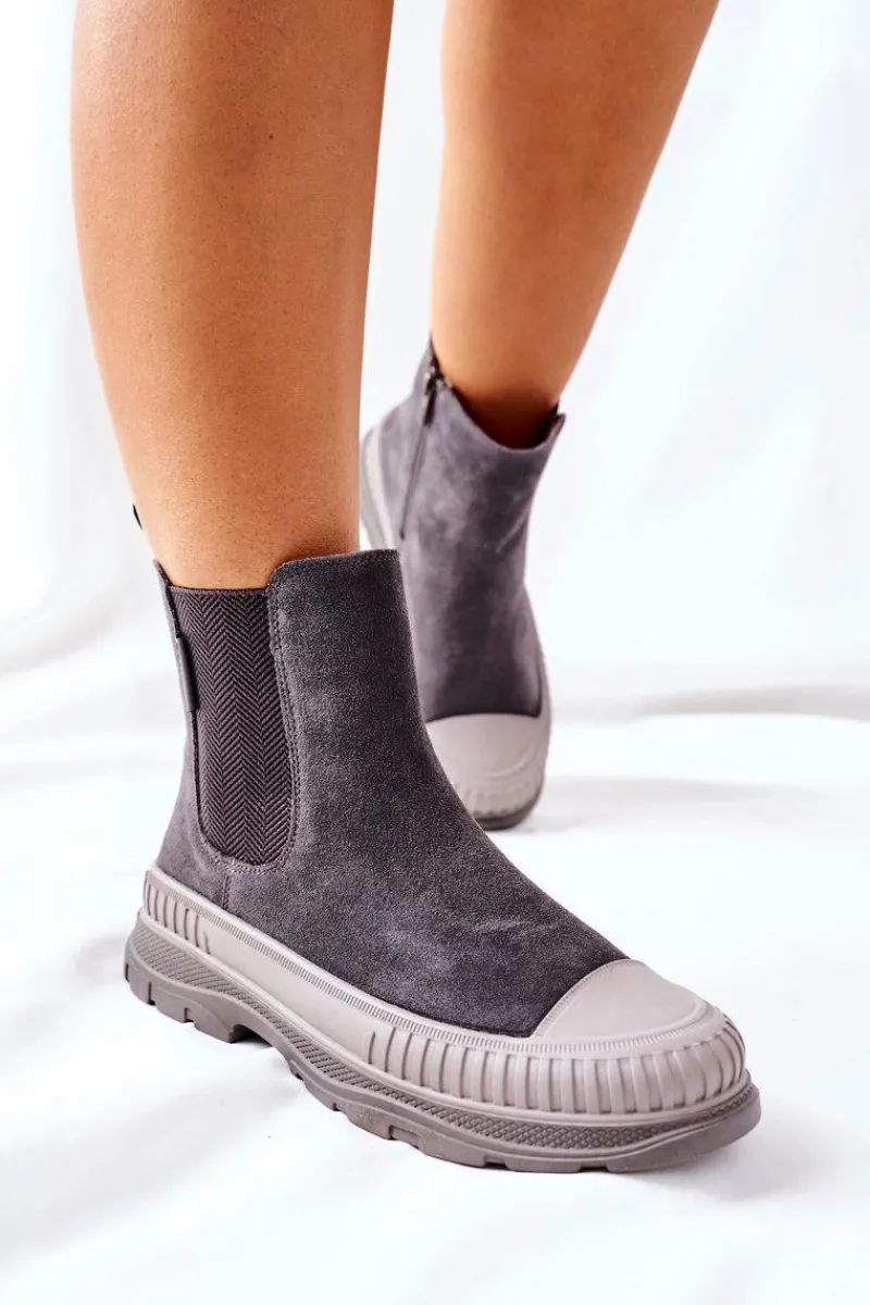 Outlet Big Star Shoes Damskie Botki Sztyblety Skóra Zamsz Big Star II274353 Szare