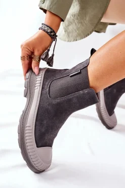 Outlet Big Star Shoes Damskie Botki Sztyblety Skóra Zamsz Big Star II274353 Szare