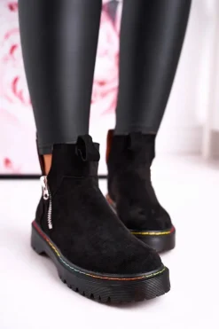 New Boto Damskie Botki Sztyblety Z Kolorowym Przeszyciem Zamszowe Czarne Addison