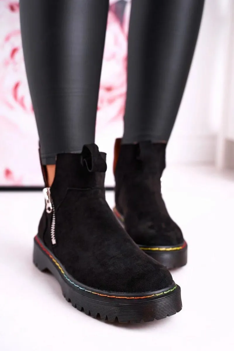 New Boto Damskie Botki Sztyblety Z Kolorowym Przeszyciem Zamszowe Czarne Addison