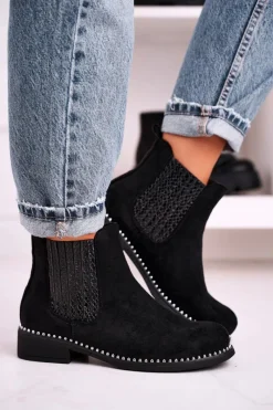 Czarne Botki|Botki Zimowe Damskie>Boto Damskie Botki Sztyblety Z Dżetami Zamszowe Czarne Meagan