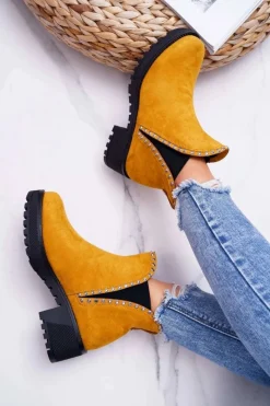 Outlet Damskie Botki Sztyblety Z Cyrkoniami Żółte Sissy Damskie Botki Zimowe Damskie|Brązowe I Beżowe Botki