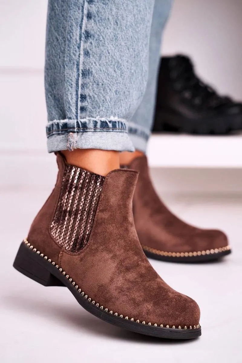 Sale Boto Damskie Botki Sztyblety Z Dżetami Zamszowe Brązowe Meagan