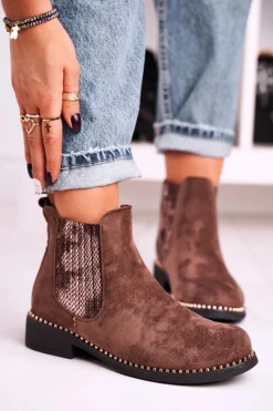 Sale Boto Damskie Botki Sztyblety Z Dżetami Zamszowe Brązowe Meagan