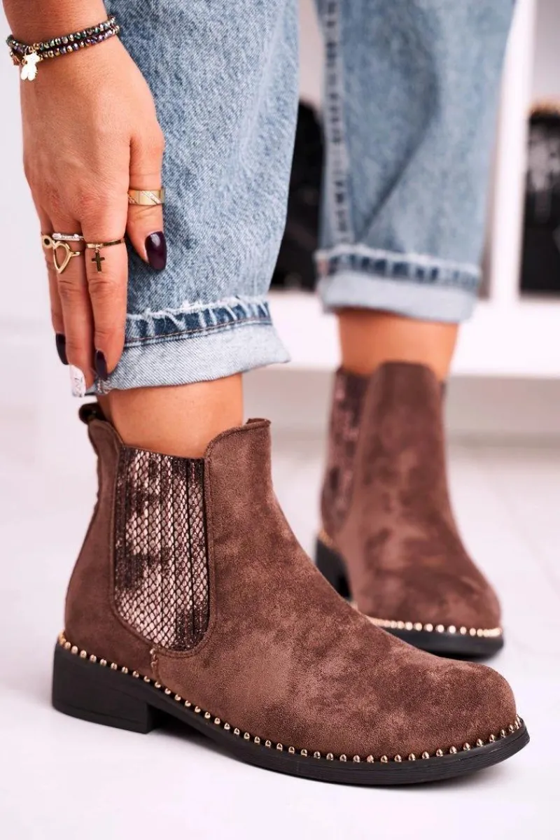 Sale Boto Damskie Botki Sztyblety Z Dżetami Zamszowe Brązowe Meagan