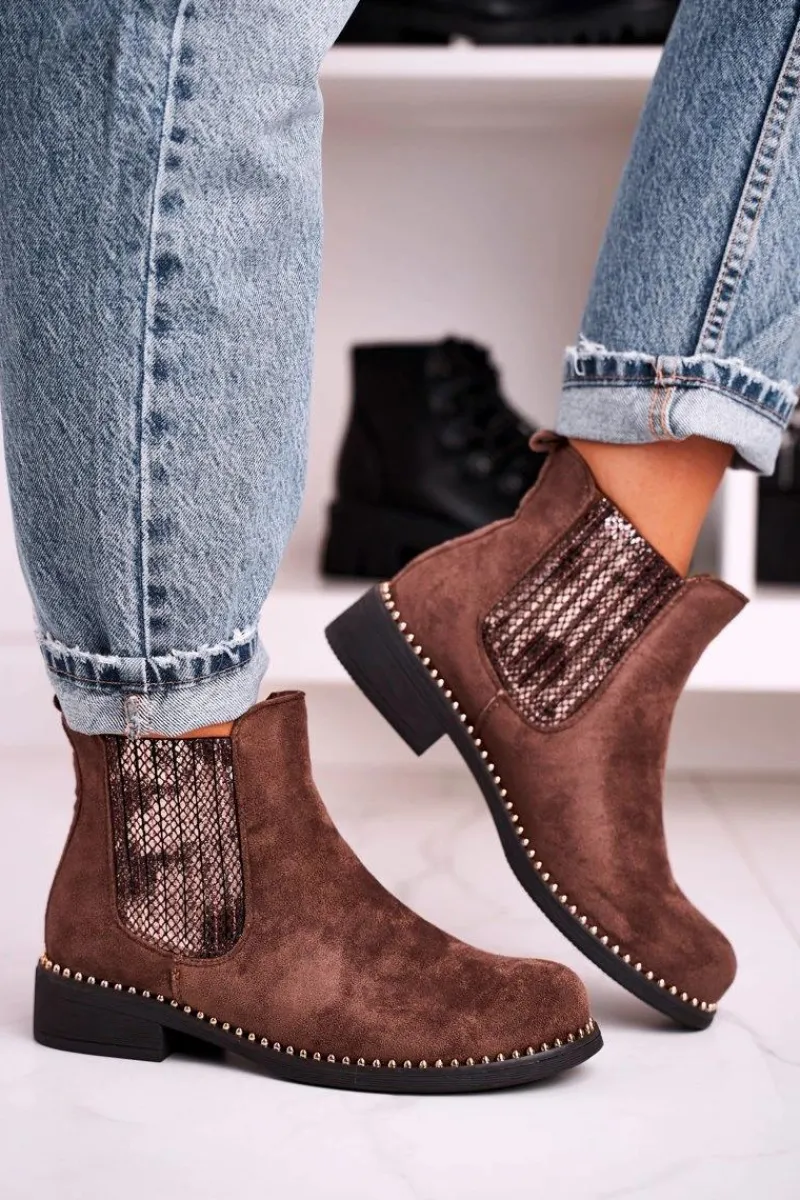Sale Boto Damskie Botki Sztyblety Z Dżetami Zamszowe Brązowe Meagan
