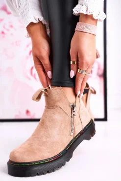 Clearance Damskie Botki Sztyblety Z Kolorowym Przeszyciem Zamszowe Beżowe Addison Damskie Botki Wiosenne|Czarne Botki