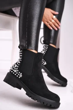 Boto Damskie Botki Sztyblety Z Dżetami Czarne Lady In Black