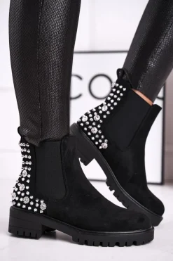 Boto Damskie Botki Sztyblety Z Dżetami Czarne Lady In Black