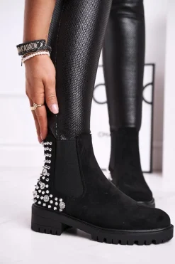 Boto Damskie Botki Sztyblety Z Dżetami Czarne Lady In Black