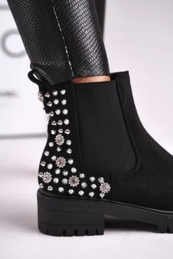 Boto Damskie Botki Sztyblety Z Dżetami Czarne Lady In Black